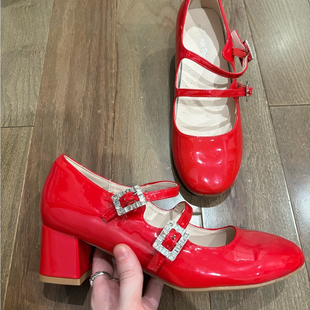 Red Patent Mary Jane Block Heel Pumps